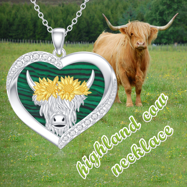 Sterling Silver Cubic Zirconia & Malachite Cow & Sunflower Pendant Necklace-4